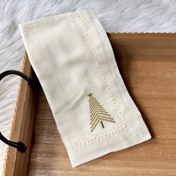Ivory Holiday Embroidered & Hemstitched Napkins – Gold Christmas Tree Stitching - Picture 3 of 8